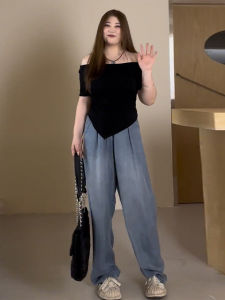 plus Size Black Asymmetrical T-Shirt Women Summer Short Sleeve Slimming Fitted Shortie One Shoulder Spicy Girl Top Korean Style