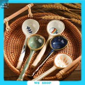 1 pc/4 Pcs Ins Style Japanese Style Stoneware Small Soup Spoon Ceramic Spoon Long Handle Spoon Household Cute Creative Rice Spoon