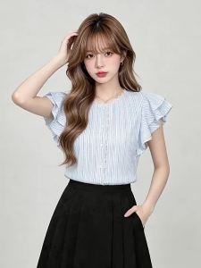 La Chapelle | Striped Lace Trimmed Flounce Sleeve Shirt Women Summer Thin Elegant
