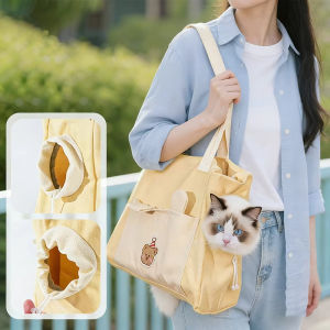 Cute Bear Embroidered Pet Carrier with Hooded Portable Breathable Canvas Shoulder Pet Handbag for Small Cats Dogs Outdoor Travel