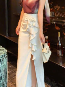 MANMI | Váy Dài Tách 3D Hoa Ren Trắng Elegance