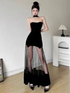 Solid Black Dress For Women Elegant Clothes Mesh Splicing Vestidos De Mujer Neck-mounted One Piece Party Outfit Long Dresses