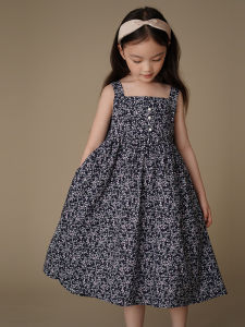 Summer Floral Cotton Dress Girls Mid-Length One-Piece Clothing Holiday Country Style Strap Dress Soft Pure Cotton Floral Skirt