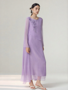 Embroidered Silk Purple Long Dress