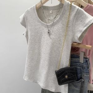 Pure Color Shoulder U Collar Collarbone T-Shirt Womens Top Summer American Retro Basic Style Easiest for Match Slim Looking Gray Short Sleeve Tide