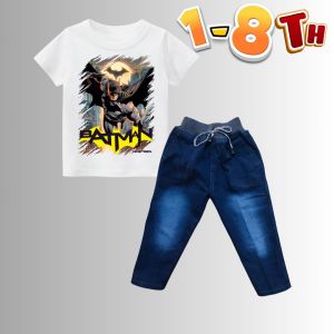 Setelan anak laki laki atasan kaos motif Batman dan distro bawahan jeans panjang  warna navy