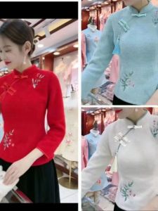 Áo Sơ Mi Dài Tay Dày Kiểu Trung Quốc Thời Trang Mùa Đông Cho Phụ Nữ Trung Niên Và Trẻ Tuổi Áo Dài Tay Thêu Họa Tiết Hoa