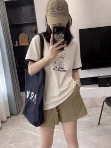 เสื้อยืดแขนสั้นผู้หญิงพิมพ์ลายสร้างสรรค์ ทรงหลวม คอตั้ง สไตล์ลำลอง ฤดูร้อน 2024 เสื้อยืดคอกลมแขนสั้นผ้าฝ้ายผสม