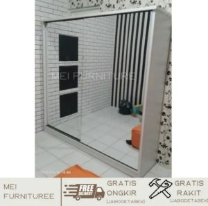 lemari pakaian sliding 2 pintu frameless full kaca cermin white minimalis