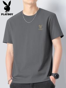Playboy 210G Heavyweight Short Sleeve T-Shirt Mens Summer New Fashion White Pure Cotton Mens T-Shirt Trendy round Neck Tee