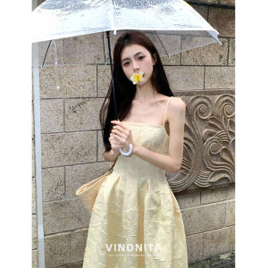 Vinonita French Style First Date Long Dress Womens Summer Beautiful Milk Fufu Fairy Yellow Gallus Dress Stylish