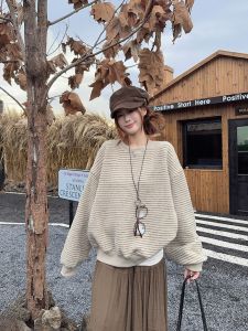 Loose Fit Striped Sweatshirt Womens Casual Style Long Sleeve round Neck Pullover Slimming Top Comfortable Leisure Winter Shirt