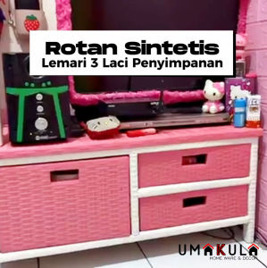 LEMARI RAK ROTAN SINTETIS Meja Bufet TV 3 Laci Penyimpanan Ruang Tamu Minimalis Modern Murah Terbaru