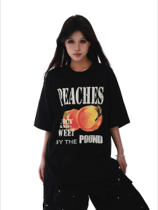 T-Shirt Wanita Hitam Lengan Pendek - Motif Jeruk Kartun & Huruf Keren