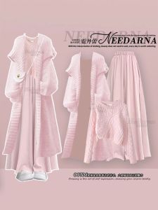 Large Size Autumn Winter Knitted Set Womens Elegant Gentle Style Pink Sweater Casual Skirt Pants Three Piece Suite