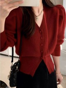 Red Knitted Sweater Coat Womens Design Sensation Little Fragrance Style Rabbit Year New Year Battle Costume Short Sleeve V Neck