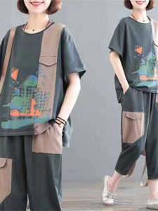 150.00kg Plus Size Womens Clothing Fashion Casual Short Sleeve Suit Womens Summer Clothing Plus Size Ladies Western Style Youthful-Looking Middle-Aged Ladieswear Fashionable