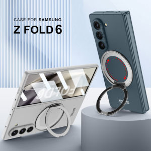 360 Rotating Kickstand Z Fold 6 Magnetic Case Cover Ring Holder Wireless Charging Samsung Z Fold6 Casing Durable Hard PC Protective Phone Case with Tempered Glass Screen Protector