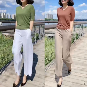 ชุดเซตสองชิ้นใส่ช่วงฤดูร้อนไซส์ใหญ่สำหรับผู้หญิงเสื้อเข้ารูปทรงหลวมแฟชั่นสไตล์ตะวันตกใส่แล้วดูผอมเพรียวกางเกงขากว้างทรงสอบเรียบหรูสำหรับสาวอวบ