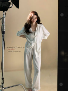 Casual High Waist Wide Leg Pants Shirt Set Womens Style Korean Lazy Trend Linen Silk Blend Long Sleeve Classic Collar Spring Collection