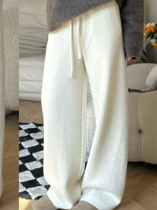 High Waist Fleece Lined Elastic Waist Loose Fit Trousers in Beige for Autumn Winter Casual Wear Straight Leg Long Pants