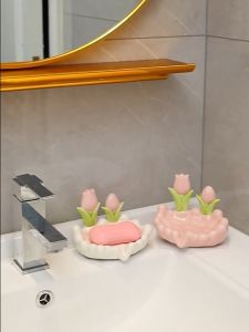 Khay Đựng Xà Phòng Thoát Nước Hoa Tulip - Khay Để Đồ Decor Bằng Gốm Sứ Hoạ Tiết Hoa Hồng Để Nhà Tắm