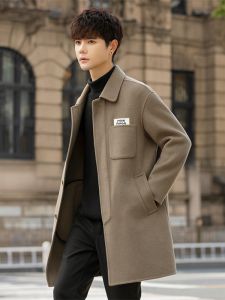Double-Sided Woolen Velvet Mens Mid-Length Thickened Winter Coat British Fashion Trendy Nylon Outerwear Casual Pure Color