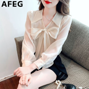 AFEG solid color Korean version V-neck bow fashion loose all-match temperament chiffon long-sleeved blouse for women