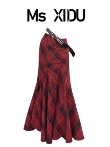 Red Plaid A-Line Mini Skirt High Waist Slimming Fish Tail Long Skirt Street Style Winter 2024 Womens Fashion Half Body Skirt
