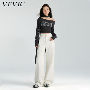 Vfvk White Denim Jeans Womens Straight Leg Drapey Small Size Narrow Wide Leg Pants Casual High Waist Cotton Blend