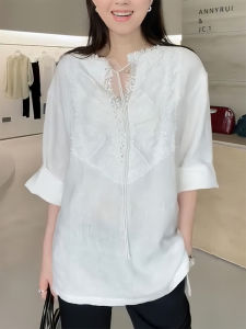 QINGNAER | Early Spring New Plus Size French Style White Lace V-Neck Short Sleeve Shirt