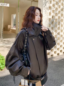 Café Brown American Retro Fashion Motorcycle Style Womens PU Leather Jacket Coat Spring Autumn New Trend Cool Street Style