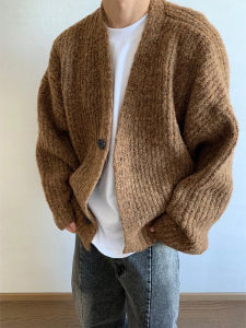 เสื้อคาร์ดิแกนถักสไตล์อเมริกันย้อนยุคสำหรับผู้ชาย ฤดูใบไม้ร่วง/ฤดูหนาว เสื้อคลุมกันหนาวแบบหลวมๆ ดีไซน์เรียบง่าย สไตล์ลำลอง คอกลม แขนยาว
