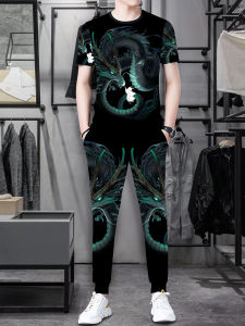 Summer Ice Silk Mens Casual Sports Suit Set New 2025 Fashion Trend Print Short Sleeve Long Pants Two Piece Set Polyester Fiber