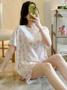ชุดนอนผ้าไหมคอตตอนสำหรับผู้หญิงในช่วงฤดูร้อน แขนสั้นหลวมๆ ผ้าฝ้ายเทียม ชุดนอนสำหรับใส่ในบ้าน ชุดกางเกงขาสั้นสำหรับใส่กลางแจ้ง ชุดนอนผู้หญิง