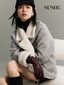 SUSHE | Color Block Fur Collar Warm Mixed Wool and Leather Coat