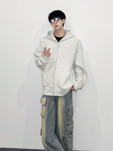 เสื้อสเวตเตอร์คาร์ดิแกนคอวีทรงหลวมสไตล์อเมริกันย้อนยุคสีขาวบริสุทธิ์สำหรับผู้ชาย ฤดูใบไม้ร่วง/ฤดูหนาว เสื้อคลุมกันหนาวแบบมีฮู้ด