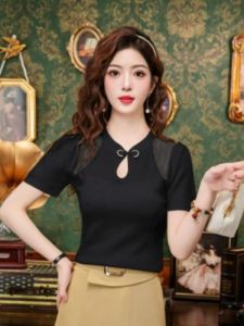 Áo Thun Tay Ngắn Ice Silk Cho Nữ Mùa Hè 2024 Áo Thun Tay Ngắn Ren Mới Áo Thun Bó Sát Phong Cách Trung Hoa Quốc Gia Áo Thun Thường Ngày