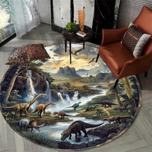 VIKAMA 3D dinosaur printed circular carpet anti slip floor carpet in chair and table areas childrens game room decoration