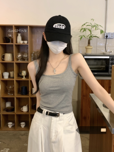 Gray American Spicy Girl Short Crop Top Womens Summer Inner Wear Tank Top with Chest Pad Outdoor Wear Commute Style Slim Fit