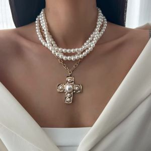 Ingemark Multilayer Imitation Pearl Chain Necklace Women Trendy 2025 Goth Big Jesus Cross Pendant Choker New Year Jewelry Gift