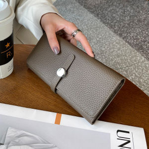 2024 New Womens Long Leather Wallet Top Layer Cowhide Simple Large Capacity Can Hold Mobile Phone Drawstring Silver Bag