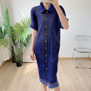 NOVA⭐ Miyake Same Paragraph* Miyake Pleated Dress Short Sleeve Spring/Summer  Loose Large Pleated Skirt Mid-length Fashion Printed Denim Skirt