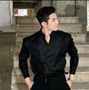 New Chinese Style Mens Clothing V-neck Shirt Mens Long Sleeves Fancy Han Chinese Clothing Black Shirt British Yuppie Style