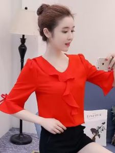 Fashionable Summer Womens Sleeveless V-Neck Chiffon Shirt Half Sleeve Necktie Breathable Straight Cut Korean Style Top