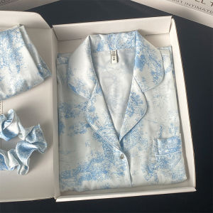 Pajamas for Women in Summer Emulation Silk Thin Spring and Autumn Ice Silk High-end Ink Painting Casual Home Clothing