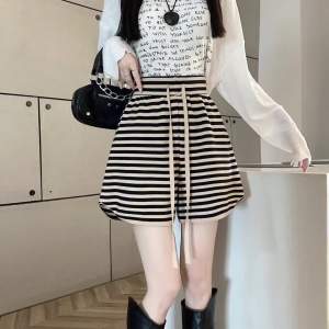 AMMIN Korean style fashion elastic lace-up high waist design striped wide leg pants womens 2024 summer new A-line fashion elegant short pants