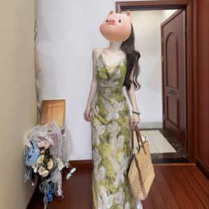 CHANGTONG | Đầm Maxi In Hình Dáng Eo Vintage Thanh Lịch