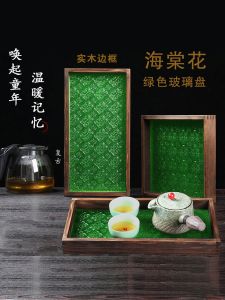 Retro Long Rectangle Glass Hibiscus Plate Wooden Coffee Tea Tray Home Tea Cup Holder Japanese Style Wood Tray Decoration