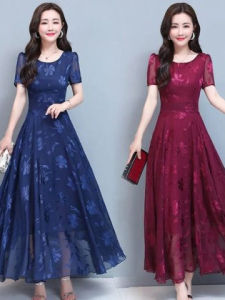 Summer New Womens Short Sleeve Print Dress Elegant Waist-Cinching Slimming Maxi Skirt High Waist Knitted Thick Polyester